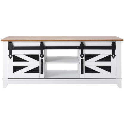 48" Farmhouse Couchtisch, 2-stufiger rechteckiger Tisch mit Schiebetüren im Scheunenstil