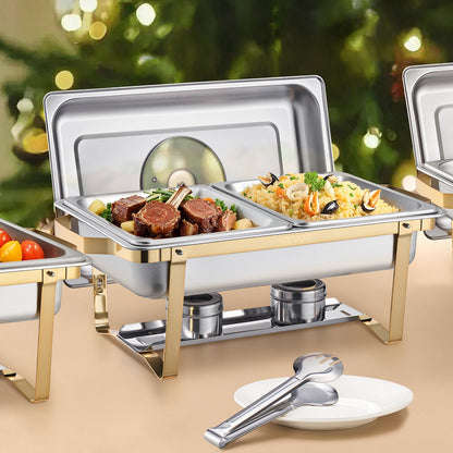 Chafing Dish Buffet Set, 4 Qt 2 Pack, Stainless Steel Chafer with 4 Half Size Pans, Rectangle Catering Warmer Server with Glass Lid Water Pan Folding Stand Fuel Holder, for Wedding Party Banquet