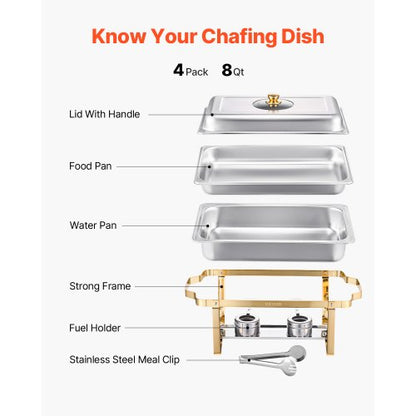 8 Qt 4-pack rectangle chafing dish buffet set full size pan stainless steel | EU