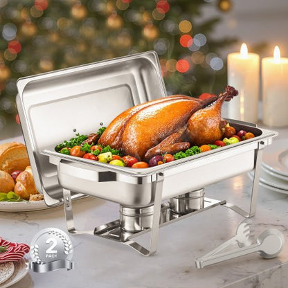 Chafing Dish Buffet Set, 8 Qt 2 Pack, Stainless Steel Chafer with 2 Full Size Pans, Rectangle Catering Warmer Server with Lid Water Pan Stand Fuel Holder, for Weddings Parties Banquets, Silver