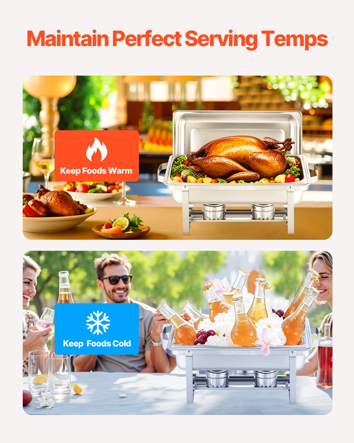 8 Qt 2-pack rectangle chafing dish buffet set full size pan stainless steel