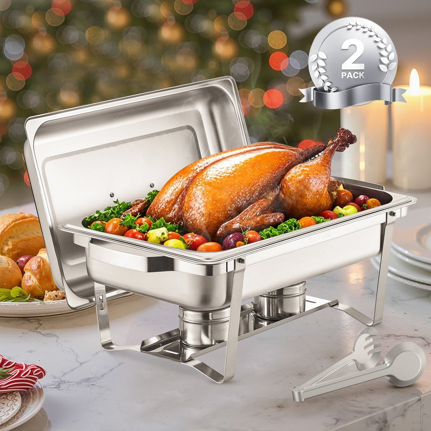 Chafing Dish Buffet Set, 8 Qt 2 Pack, Stainless Steel Chafer with 2 Full Size Pans, Rectangle Catering Warmer Server with Lid Water Pan Stand Fuel Holder, for Weddings Parties Banquets, Silver