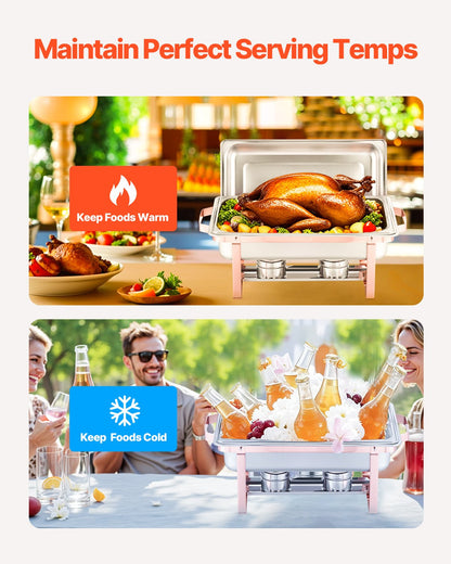 Chafing Dish Buffet Set, 8 Qt 2 Pack, Stainless Steel Chafer with 2 Full Size Pans, Rectangle Catering Warmer Server with Lid Water Pan Stand Fuel Holder, for Wedding Party Banquet, Rose Gold