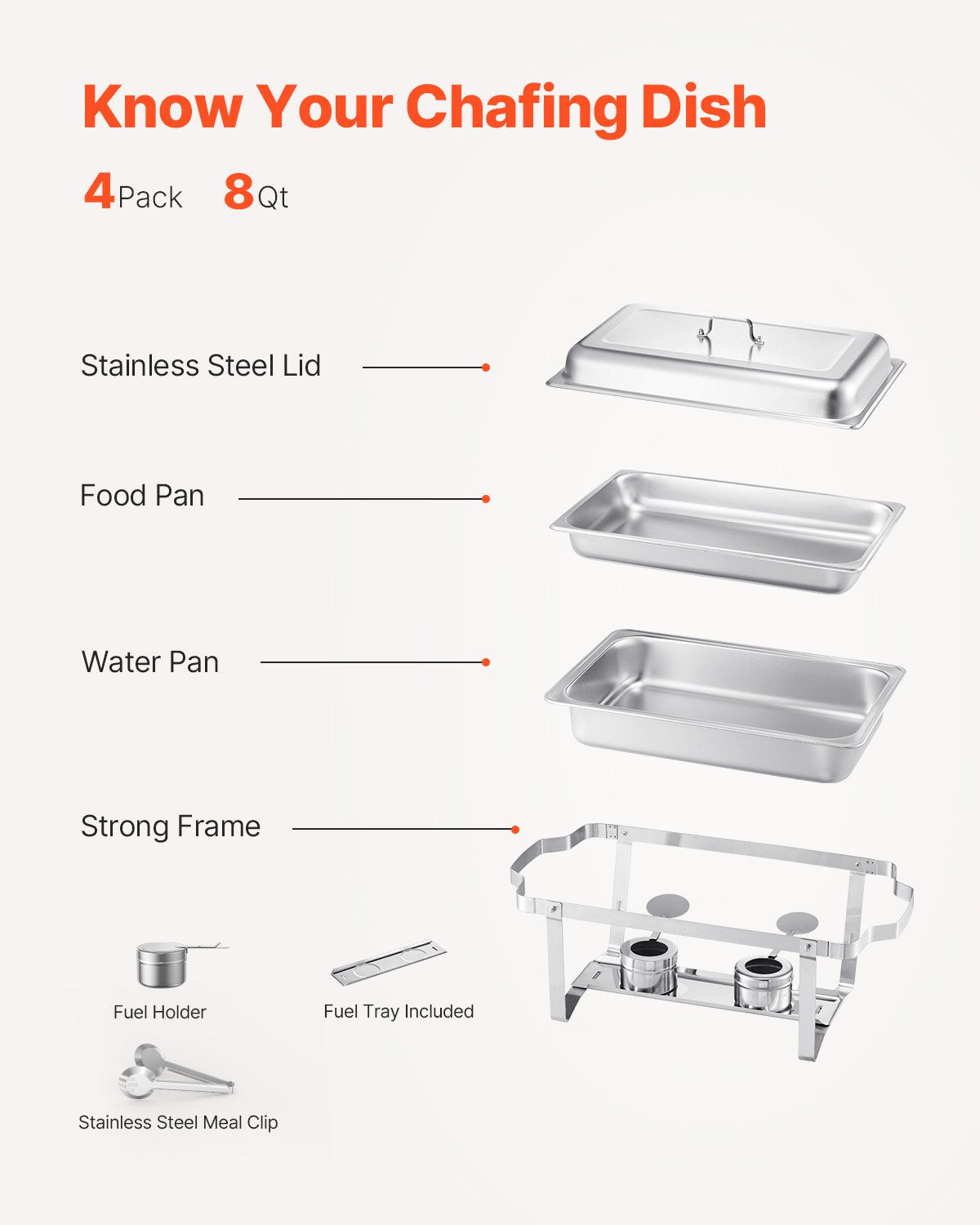 8 Qt 4-pack rectangle chafing dish buffet set full size pan stainless steel