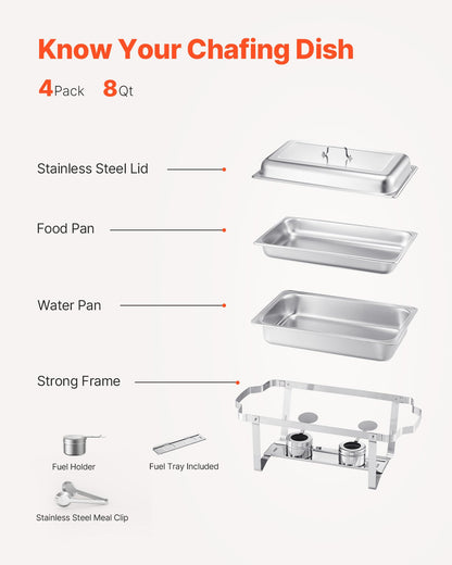 8 Qt 4-pack rectangle chafing dish buffet set full size pan stainless steel