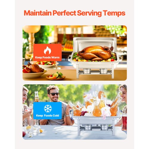 8 Qt 6-Pack Rectangular Warming Dish Buffet Set Full-Size Stainless Steel Pan | EU