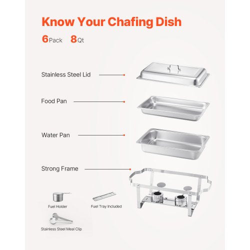 8 Qt 6-Pack Rectangular Warming Dish Buffet Set Full-Size Stainless Steel Pan | EU