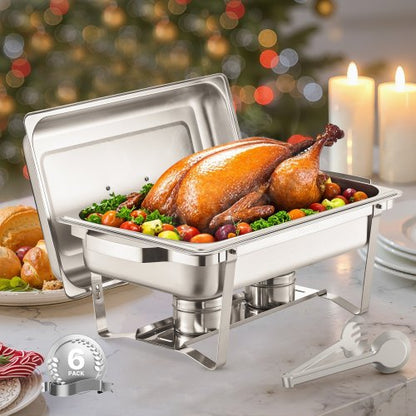 8 Qt 6-Pack Rectangular Warming Dish Buffet Set Full-Size Stainless Steel Pan | EU