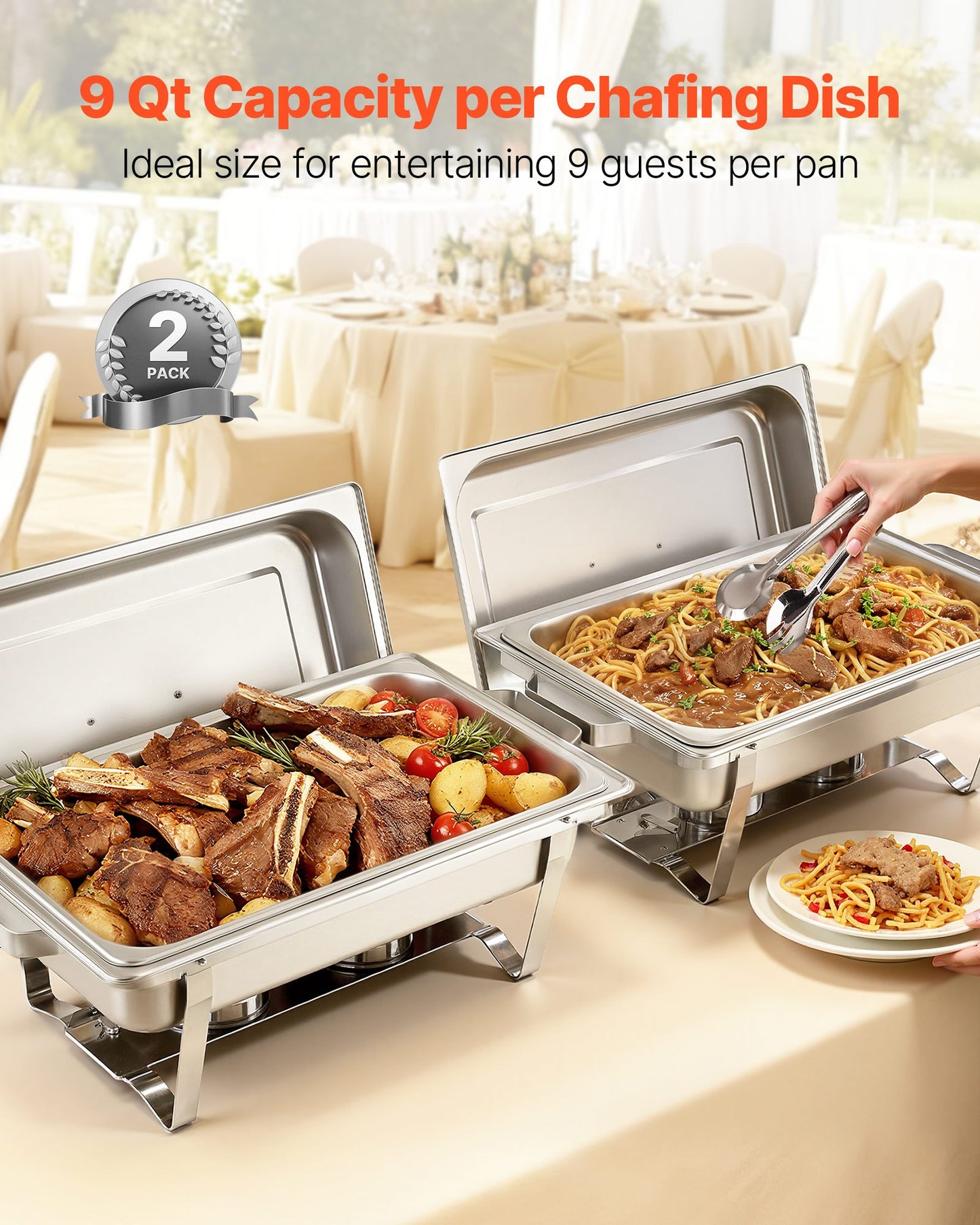 Rectangle Chafing Dish, 9 Qt 2 Pack Stainless Steel Chafing Dish, Food Warmer Chafer Complete Set with Hollow Handle, 1 Food Tongs, Lid, Fuel Holder, Chafer Dishes for Banquet Party Wedding