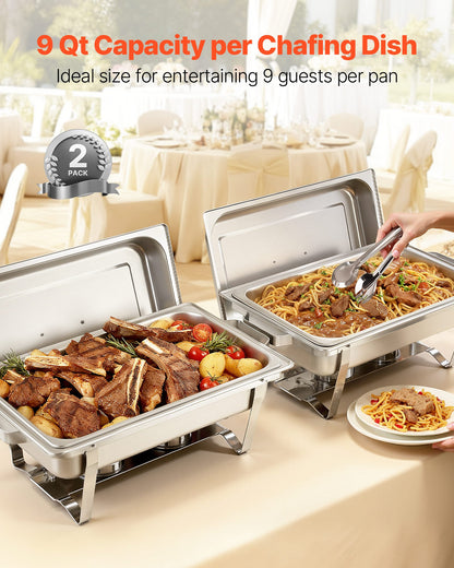 Rectangle Chafing Dish, 9 Qt 2 Pack Stainless Steel Chafing Dish, Food Warmer Chafer Complete Set with Hollow Handle, 1 Food Tongs, Lid, Fuel Holder, Chafer Dishes for Banquet Party Wedding