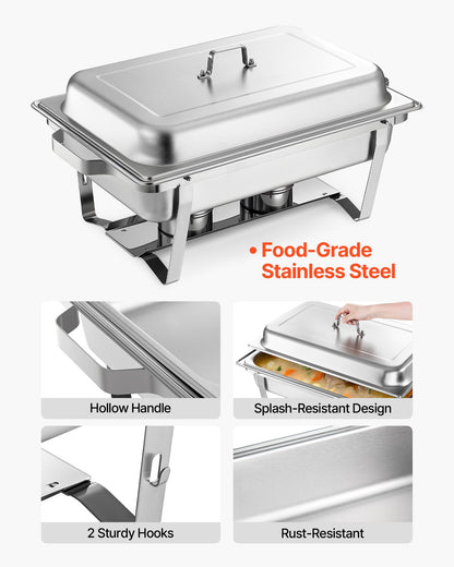 Rectangle Chafing Dish, 9 Qt 2 Pack Stainless Steel Chafing Dish, Food Warmer Chafer Complete Set with Hollow Handle, 1 Food Tongs, Lid, Fuel Holder, Chafer Dishes for Banquet Party Wedding