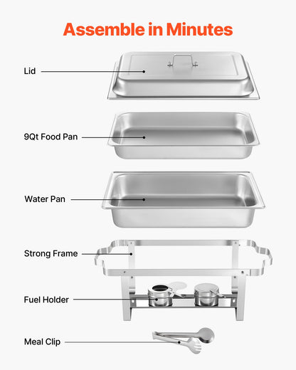 Rectangle Chafing Dish, 9 Qt 2 Pack Stainless Steel Chafing Dish, Food Warmer Chafer Complete Set with Hollow Handle, 1 Food Tongs, Lid, Fuel Holder, Chafer Dishes for Banquet Party Wedding