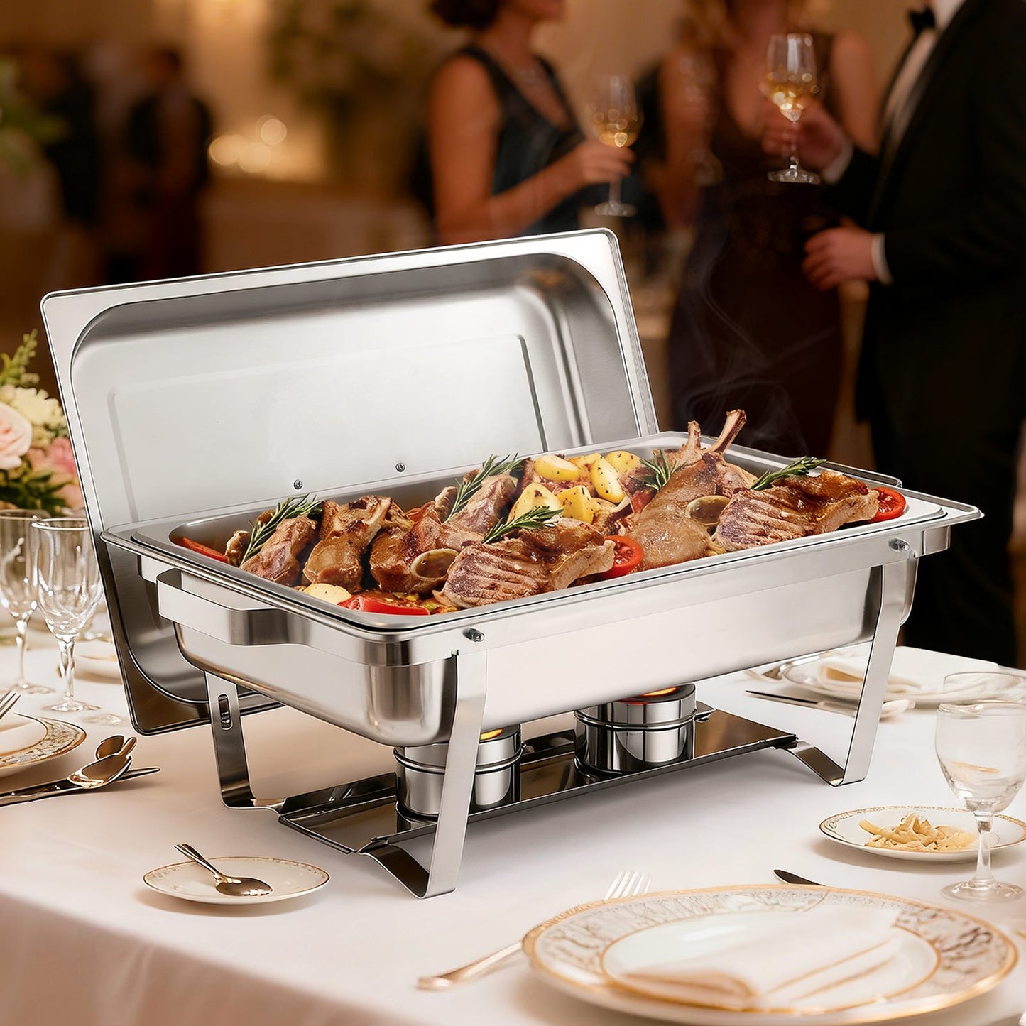 Rectangle Chafing Dish, 9 Qt 2 Pack Stainless Steel Chafing Dish, Food Warmer Chafer Complete Set with Hollow Handle, 1 Food Tongs, Lid, Fuel Holder, Chafer Dishes for Banquet Party Wedding