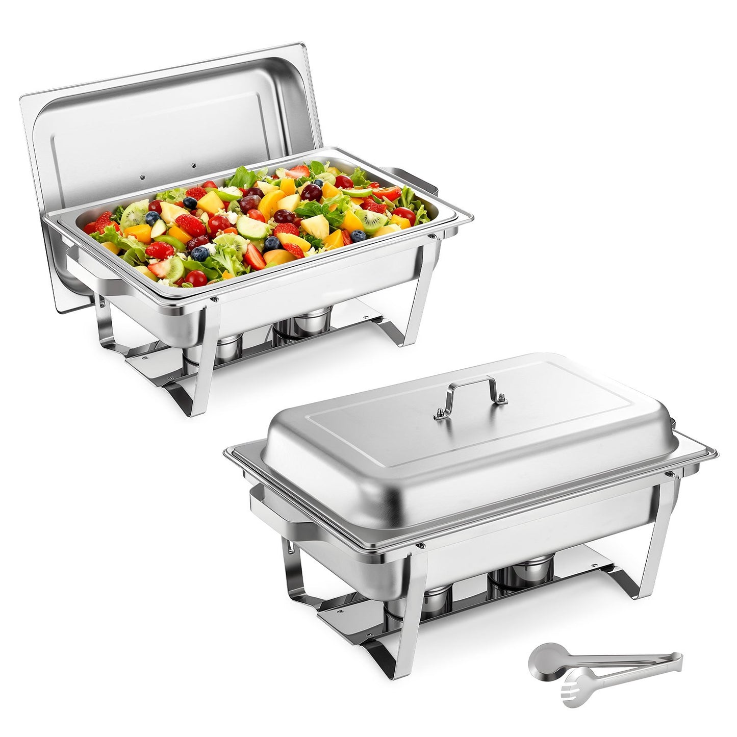 Rectangle Chafing Dish, 9 Qt 2 Pack Stainless Steel Chafing Dish, Food Warmer Chafer Complete Set with Hollow Handle, 1 Food Tongs, Lid, Fuel Holder, Chafer Dishes for Banquet Party Wedding