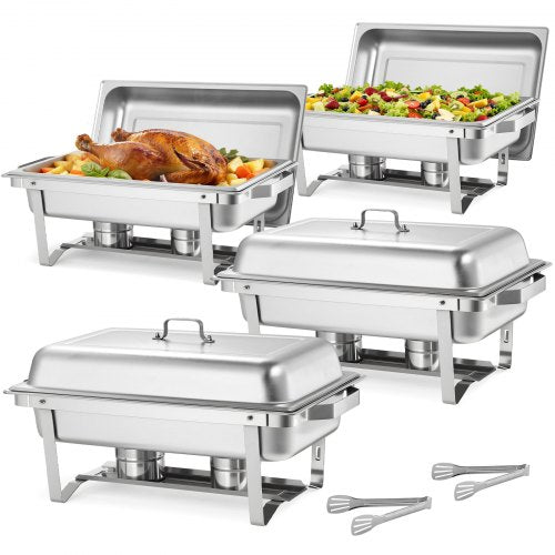 Rectangle Chafing Dish, 9 Qt 4 Pack Stainless Steel Chafing Dish, Food Warmer Chafer Complete Set with Hollow Handle, 2 Food Tongs, Lid, Fuel Holder, Chafer Dishes for Banquet Party Wedding