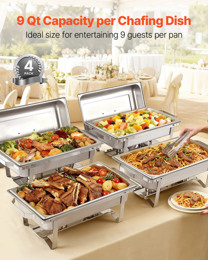 Rectangle Chafing Dish, 9 Qt 4 Pack Stainless Steel Chafing Dish, Food Warmer Chafer Complete Set with Hollow Handle, 2 Food Tongs, Lid, Fuel Holder, Chafer Dishes for Banquet Party Wedding