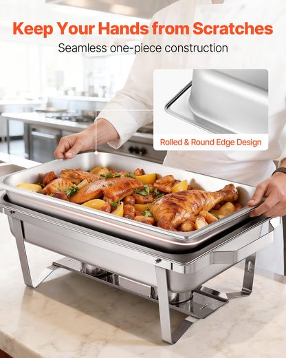 Rectangle Chafing Dish, 9 Qt 4 Pack Stainless Steel Chafing Dish, Food Warmer Chafer Complete Set with Hollow Handle, 2 Food Tongs, Lid, Fuel Holder, Chafer Dishes for Banquet Party Wedding