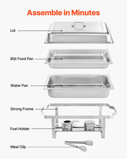 Rectangle Chafing Dish, 9 Qt 4 Pack Stainless Steel Chafing Dish, Food Warmer Chafer Complete Set with Hollow Handle, 2 Food Tongs, Lid, Fuel Holder, Chafer Dishes for Banquet Party Wedding