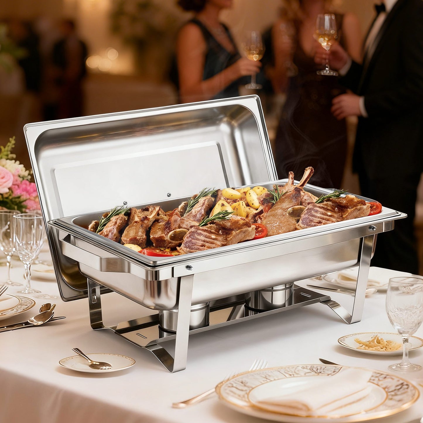 Rectangle Chafing Dish, 9 Qt 4 Pack Stainless Steel Chafing Dish, Food Warmer Chafer Complete Set with Hollow Handle, 2 Food Tongs, Lid, Fuel Holder, Chafer Dishes for Banquet Party Wedding