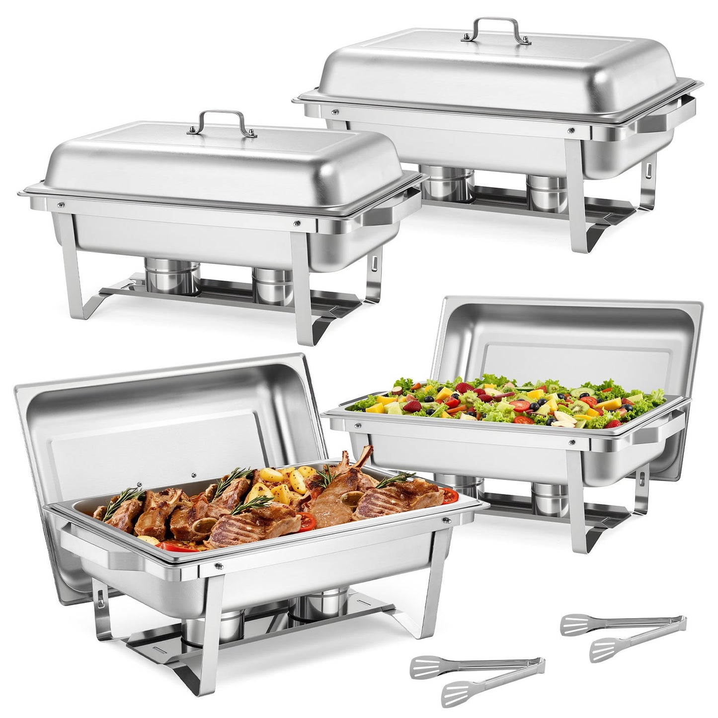 Rectangle Chafing Dish, 9 Qt 4 Pack Stainless Steel Chafing Dish, Food Warmer Chafer Complete Set with Hollow Handle, 2 Food Tongs, Lid, Fuel Holder, Chafer Dishes for Banquet Party Wedding