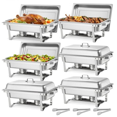 Rectangle Chafing Dish, 9 Qt 6 Pack Stainless Steel Chafing Dish, Food Warmer Chafer Complete Set with Hollow Handle, 3 Food Tongs, Lid, Fuel Holder, Chafer Dishes for Banquet Party Wedding