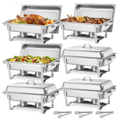 Rectangle Chafing Dish, 9 Qt 6 Pack Stainless Steel Chafing Dish, Food Warmer Chafer Complete Set with Hollow Handle, 3 Food Tongs, Lid, Fuel Holder, Chafer Dishes for Banquet Party Wedding