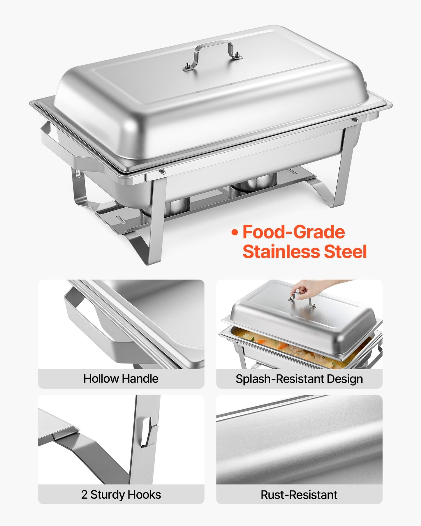 Rectangle Chafing Dish, 9 Qt 6 Pack Stainless Steel Chafing Dish, Food Warmer Chafer Complete Set with Hollow Handle, 3 Food Tongs, Lid, Fuel Holder, Chafer Dishes for Banquet Party Wedding