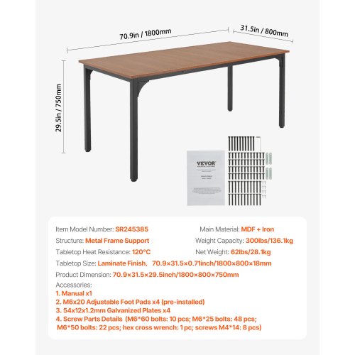 71 inch rectangular wooden dining table, kitchen table for 6-8 people (table only) | EU