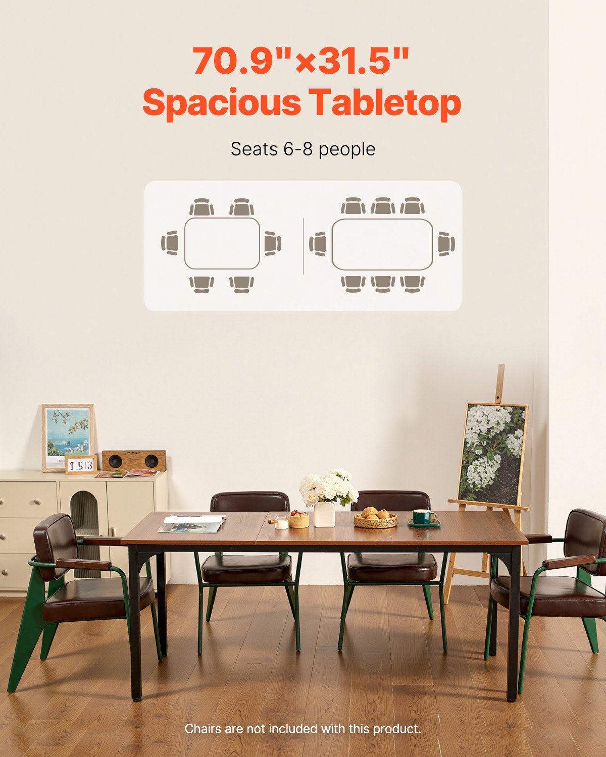 Rectangle Dining Table, 71 inch Length Large Wood Tables for 6-8 Person, Farmhouse Dinner Furniture, Rustic Conference Desk with Iron Legs, for Home Kitchen Living Room, Brown(Only Table)