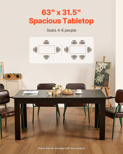 Rectangle Dining Table, 63 inch Length Large Wood Tables for 4-6 Person, Modern Dinner Furniture, Conference Desk Supporting for 330LBS, for Home Kitchen Living Room, Black(Only Table)