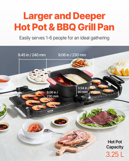 Hot Pot with Grill, 2300W 2-in-1 Electric Smokeless Grill and Hot Pot, Removable Shabu-shabu Hotpot with Non-stick Pan, Separate Dual Temperature Control, Indoor Korean BBQ for 1-6 People