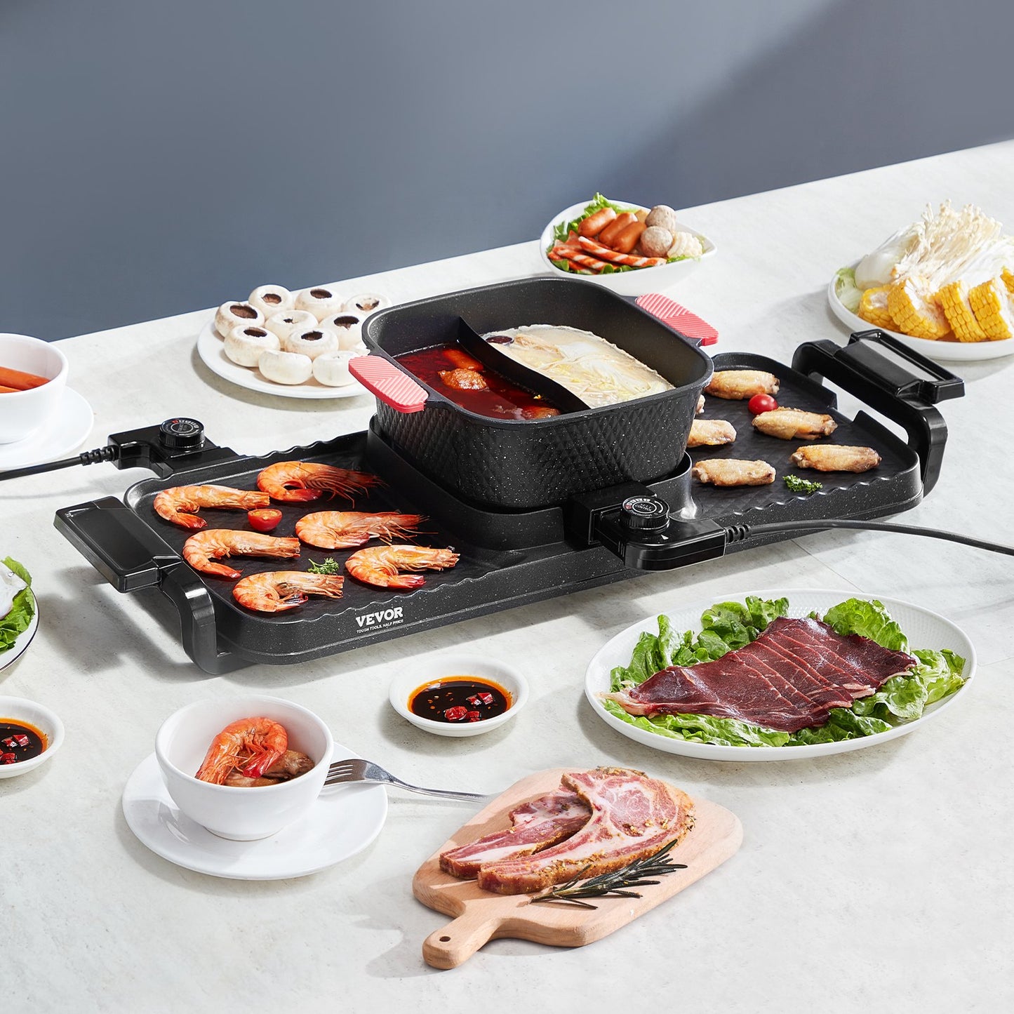 Hot Pot with Grill, 2300W 2-in-1 Electric Smokeless Grill and Hot Pot, Removable Shabu-shabu Hotpot with Non-stick Pan, Separate Dual Temperature Control, Indoor Korean BBQ for 1-6 People