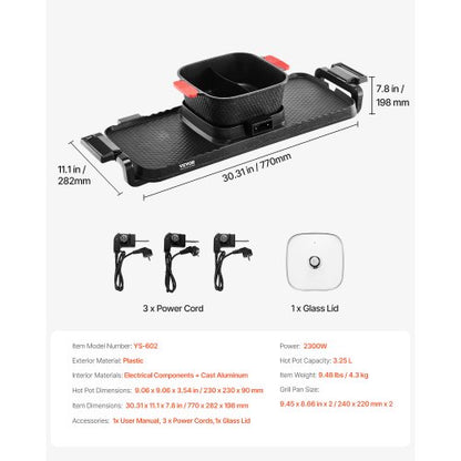 Hot Pot mit Grill 2300 W 2-in-1 elektrischer rauchfreier Grill mit abnehmbarer Kochplatte | EU