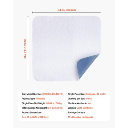Tvättbara underlägg 34" x 36" Inkontinensbädd 10-pack Sängvätningsdyna |  EU