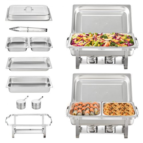 Chafing Dish Buffet Set, 8 Qt 2 Pack, Stainless Chafer with 2 Full & 4 Half Size Pans, Rectangle Catering Warmer Server with Lid Water Pan Folding Stand Fuel Tray Holder Clip, at Least 8 People