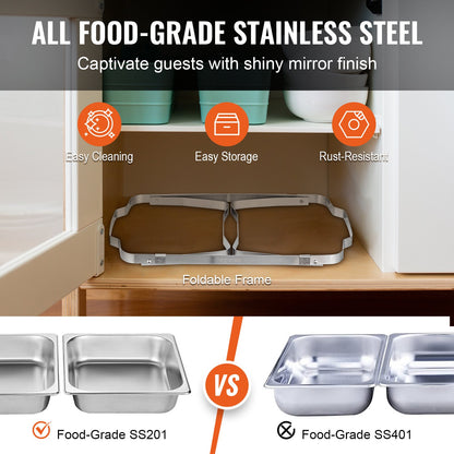 Chafing Dish Buffet Set, 8 Qt 2 Pack, Stainless Chafer with 2 Full & 4 Half Size Pans, Rectangle Catering Warmer Server with Lid Water Pan Folding Stand Fuel Tray Holder Clip, at Least 8 People