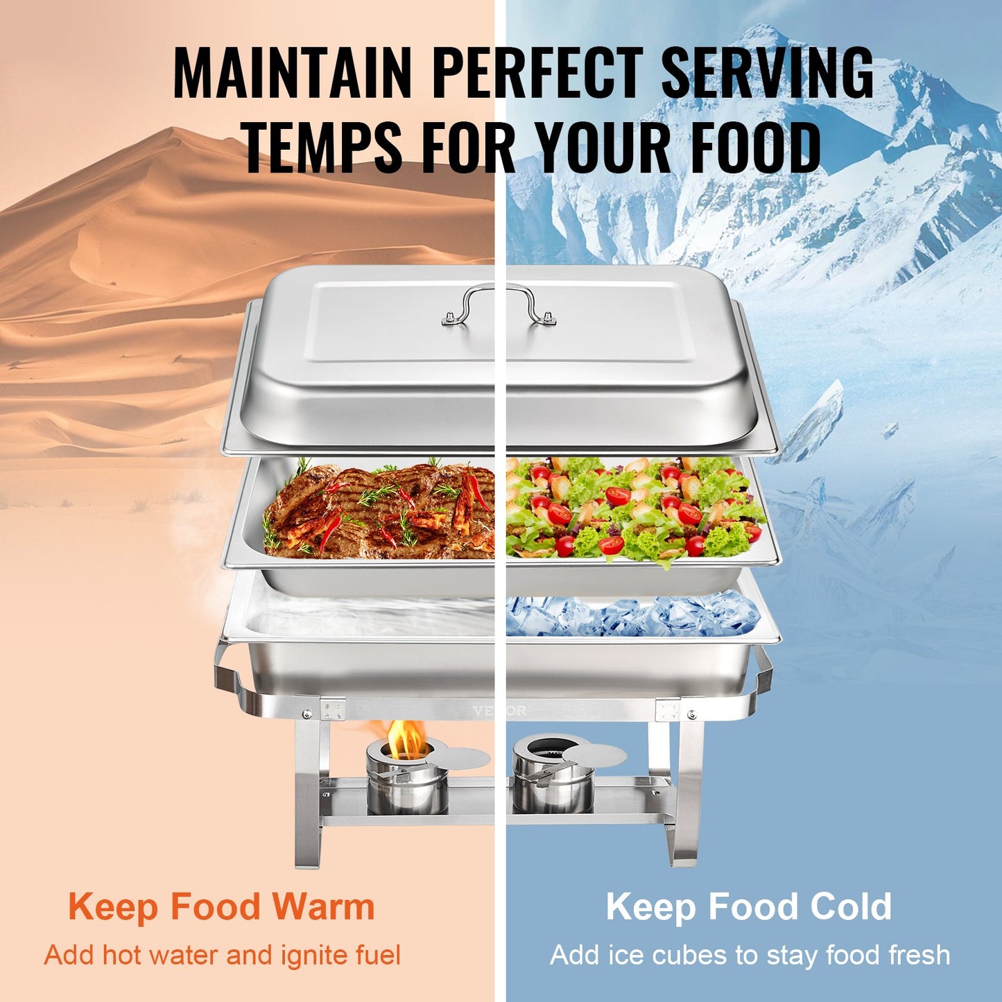 Chafing Dish Buffet Set, 8 Qt 2 Pack, Stainless Chafer with 2 Full & 4 Half Size Pans, Rectangle Catering Warmer Server with Lid Water Pan Folding Stand Fuel Tray Holder Clip, at Least 8 People