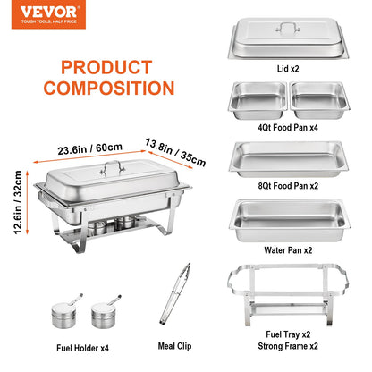 Chafing Dish Buffet Set, 8 Qt 2 Pack, Stainless Chafer with 2 Full & 4 Half Size Pans, Rectangle Catering Warmer Server with Lid Water Pan Folding Stand Fuel Tray Holder Clip, at Least 8 People