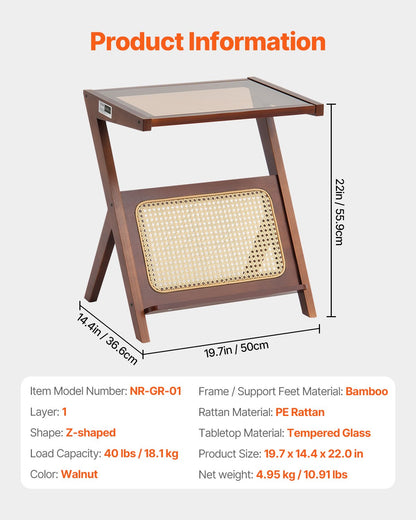 Rattan-Couchtisch, Z-förmiger Rattan-Couchtisch mit 1 Etage für das Wohnzimmer