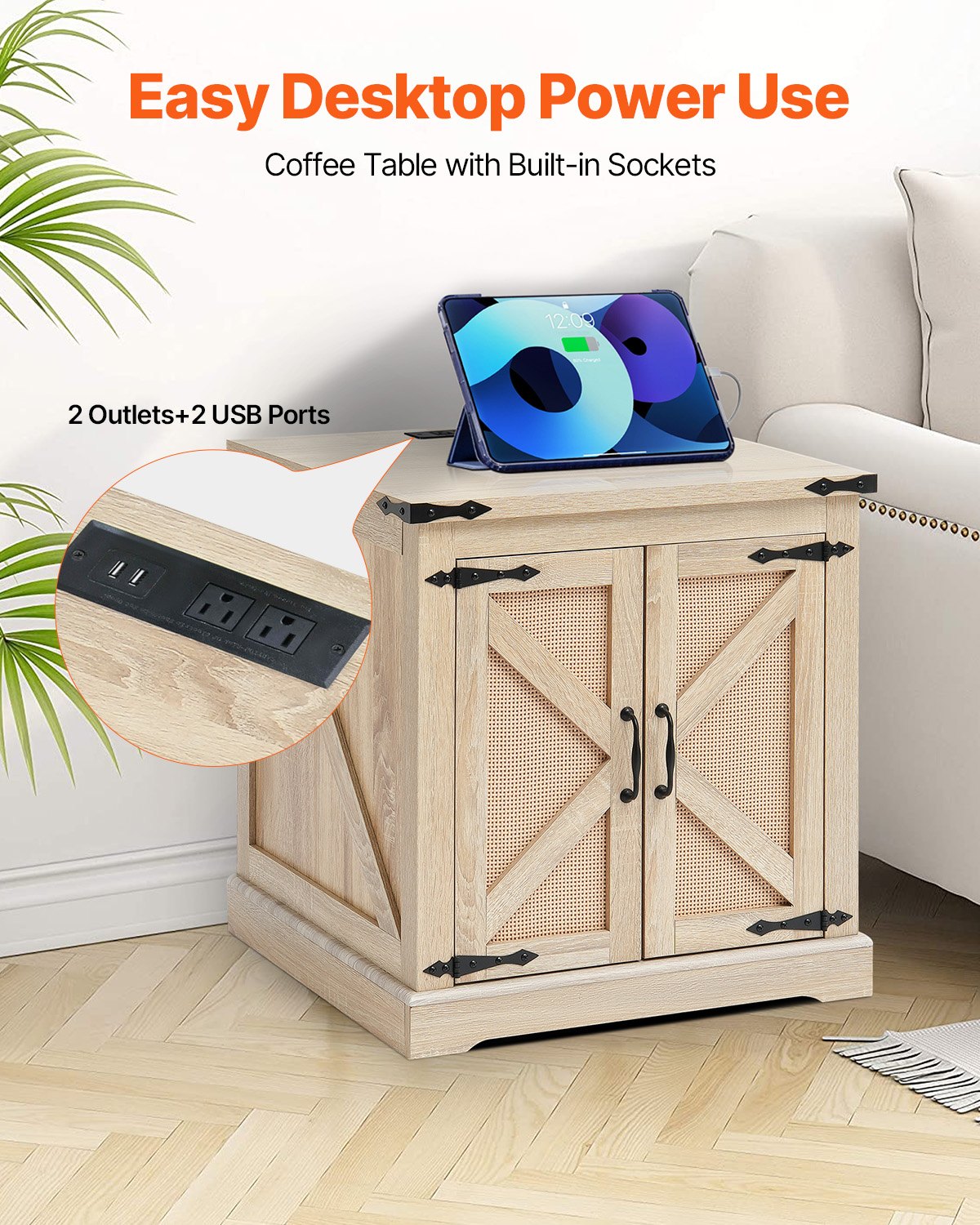 Farmhouse End Table, Rectangle PE Rattan Woven Wood Coffee Table, 24-Inch Modern Boho Style Storage Coffee Table with Retro Metal Hinges, for Living Room, Bedroom & Small Spaces