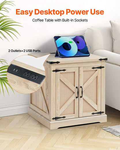 Farmhouse End Table, Rectangle PE Rattan Woven Wood Coffee Table, 24-Inch Modern Boho Style Storage Coffee Table with Retro Metal Hinges, for Living Room, Bedroom & Small Spaces
