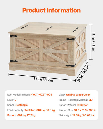 Rattan-Couchtisch, rechteckig, Rattan-Couchtisch mit 2 Ebenen für das Wohnzimmer