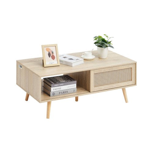 Rattan Coffee Table, Mid Century Modern Coffee Table, Rectangle Wood Coffee Table, 42 Inch Modern Boho Style Two Layers Storage Coffee Table, for Living Room, Bedroom & Small Spaces
