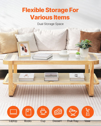 Rattan-Couchtisch, rechteckig, Rattan-Couchtisch mit 2 Ebenen für das Wohnzimmer