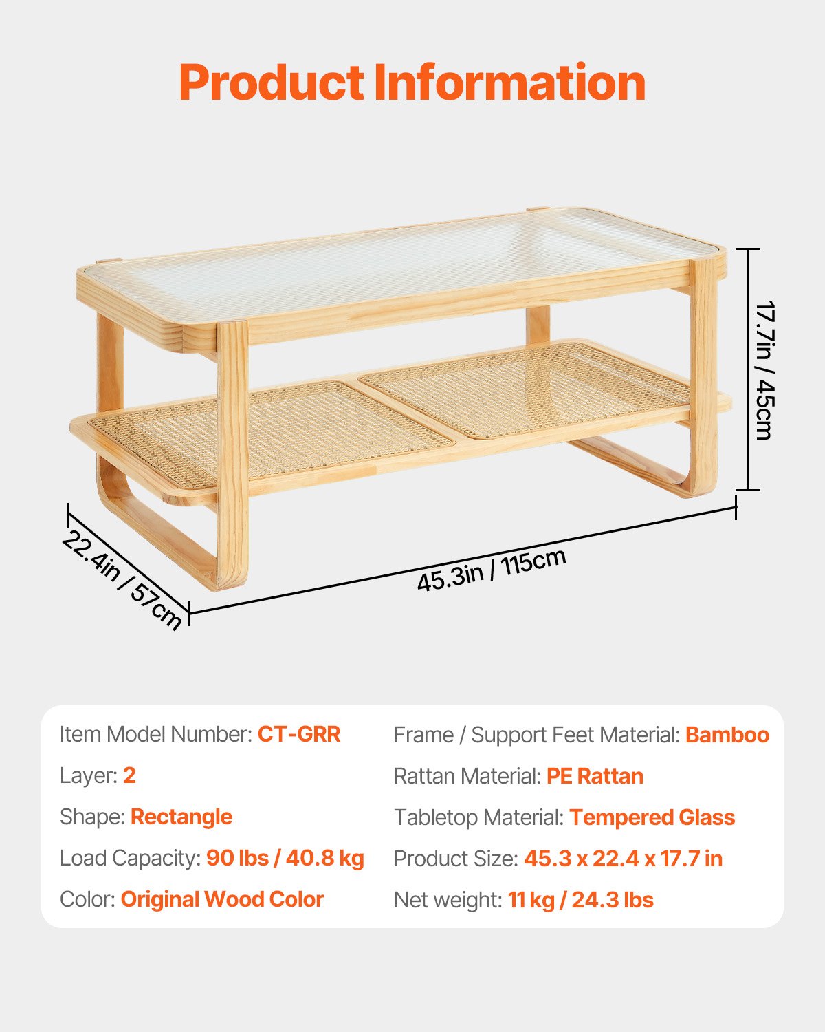 Rattan-Couchtisch, rechteckig, Rattan-Couchtisch mit 2 Ebenen für das Wohnzimmer