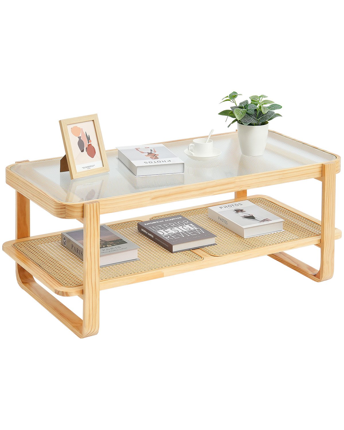 Rattan-Couchtisch, rechteckig, Rattan-Couchtisch mit 2 Ebenen für das Wohnzimmer