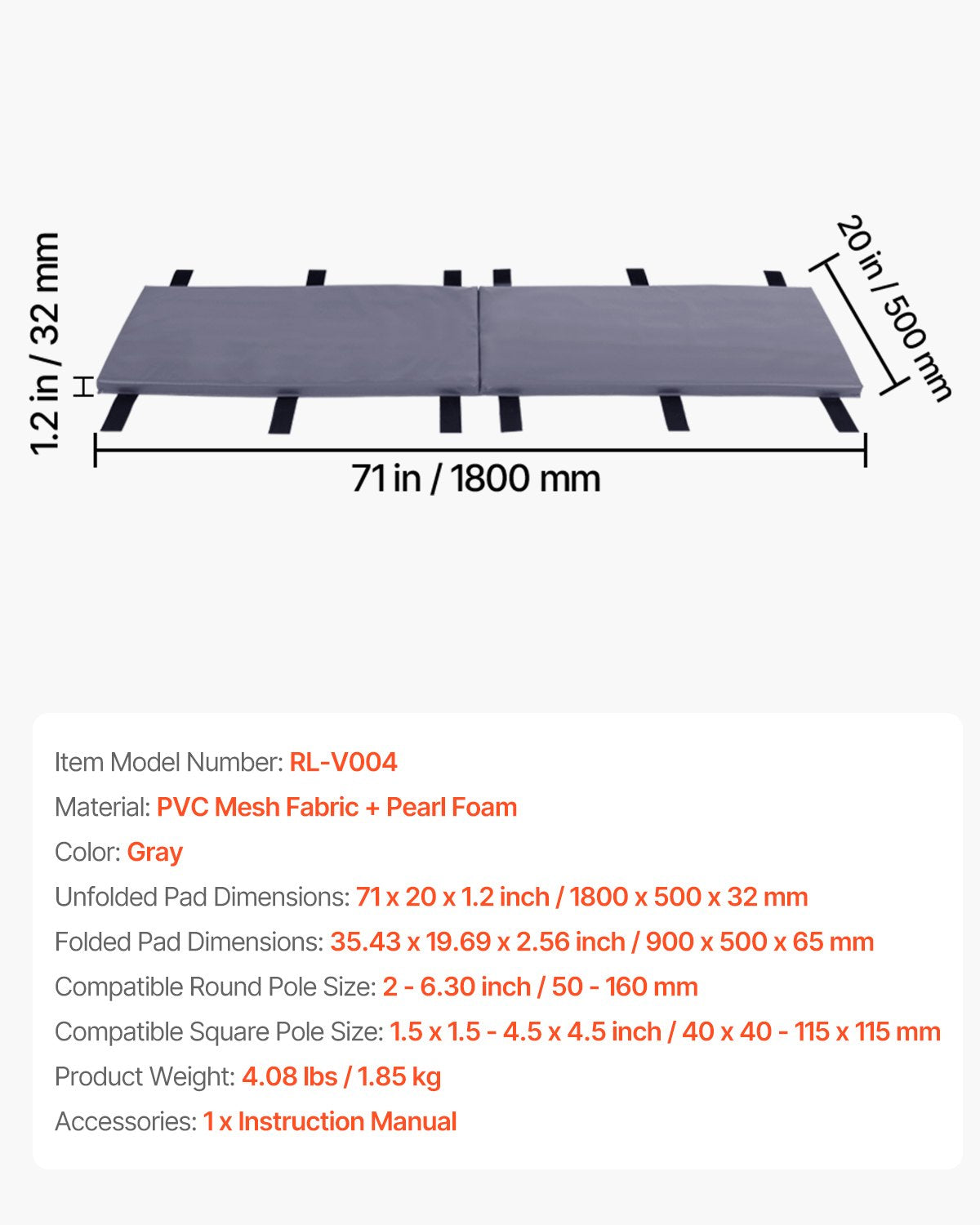 180 cm Basketball-Polsterpolster Strapazierfähige Polsterung 5-16 rund 11,5x11,5 quadratische Stange