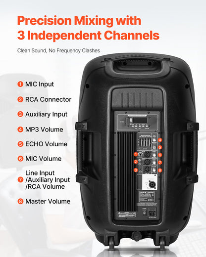 Portable PA System, 2000W (PMPO) Powered, Sound System Set with 3 Channel Mixer, Dual Speakers, Wireless Bluetooth, Microphone, Compact Stands, USB & SD Inputs, Remote Control, for DJs Events