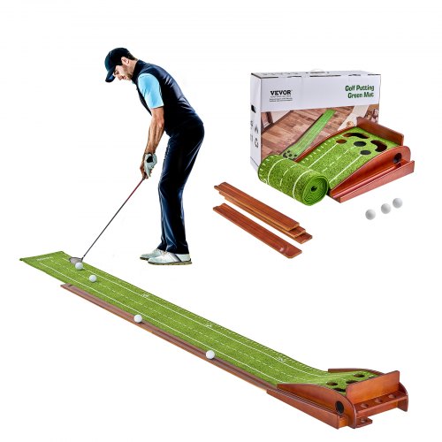 Golf Putting Mat, 5 Hole Indoor Golf Putting Green, Wrinkle-Free Golf Training Aid, Mini Golf Set with Auto-Ball Return, Alignment Guide, 3 Ball, Wood Base, Game Practice Gift for Home Offic