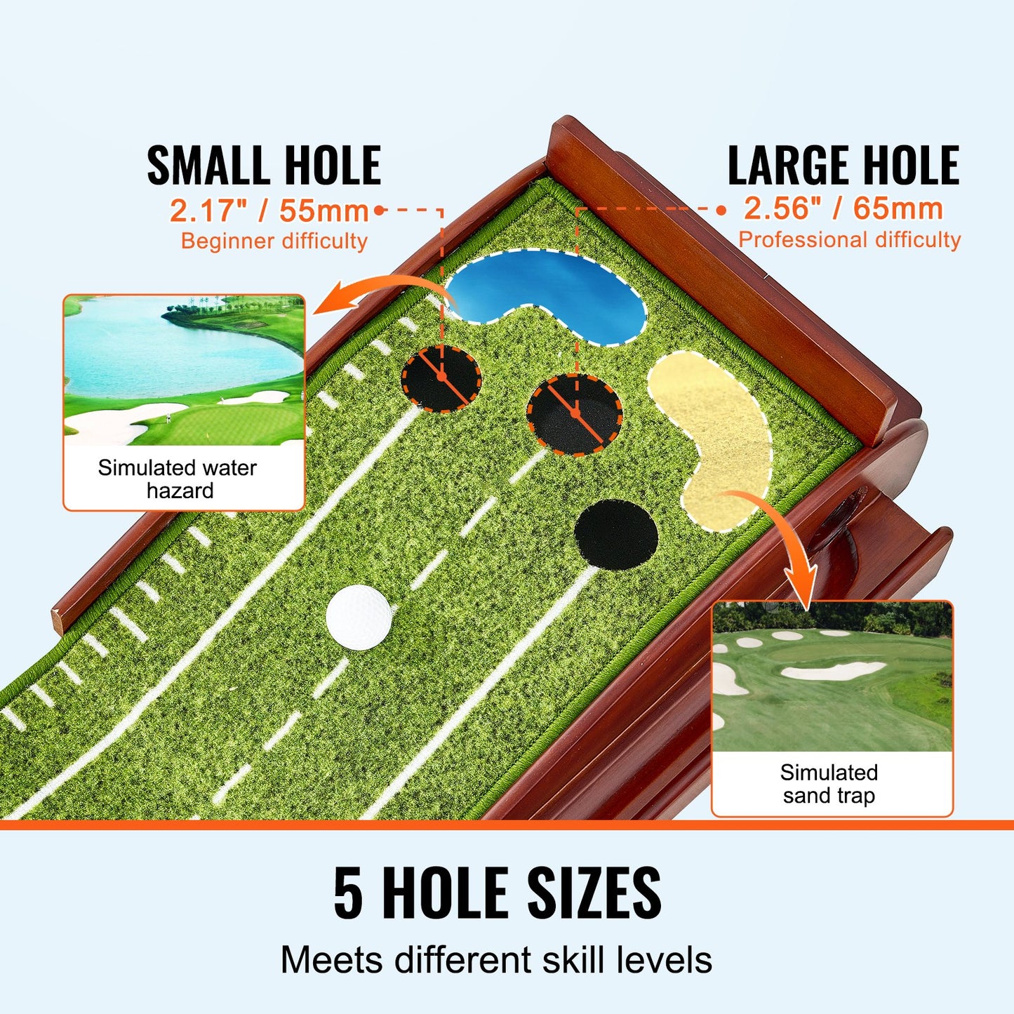 Golf Putting Mat, 5 Hole Indoor Golf Putting Green, Wrinkle-Free Golf Training Aid, Mini Golf Set with Auto-Ball Return, Alignment Guide, 3 Ball, Wood Base, Game Practice Gift for Home Offic